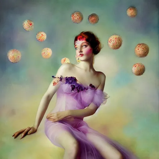 Prompt: a girl with three eyes : : on 5 translucent luminous spheres, full of floral and berry fillings, in an ocean of lavender color by rolf armstrong, monia merlo