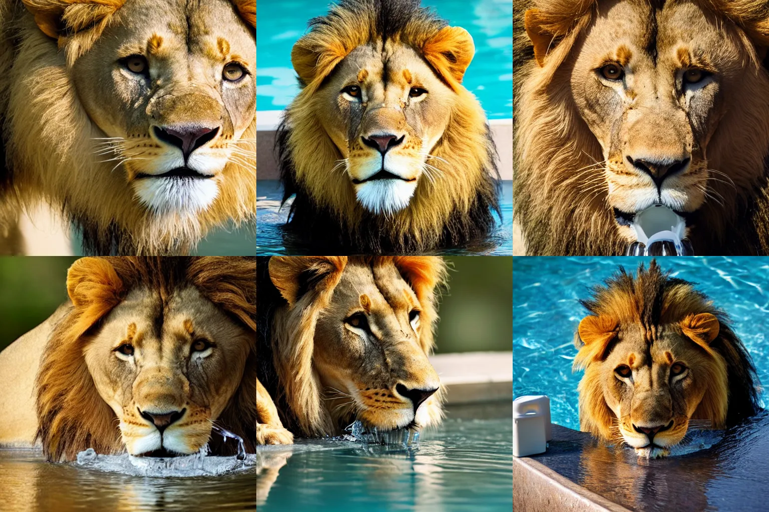 Prompt: Photo close up of a beautiful lion drinking water from a pool