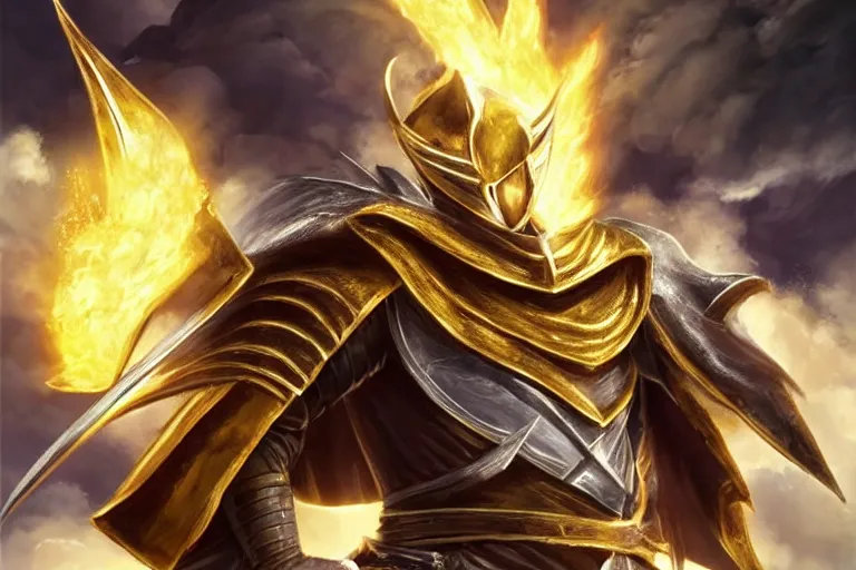 Image similar to an ultra detailed portrait of saladin as a shonen anime protagonist charging into battle wearing bright gold armor and huge flaming longsword blessed by god, epic anime fantasy, 8 k, volumetric lighting, smooth, highly detailed, digital illustration, art by kentaro miura and akira toriyama and artgerm