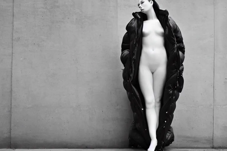 Image similar to well lit fashion shoot portrait of extremely beautiful female marble statue wearing huge over size puffer jacket by dingyun zhang, yeezy, balenciaga, vetements, a cold wall, sharp focus, clear, detailed,, cinematic, detailed, off white, glamourous, symmetrical, vogue, editorial, fashion, magazine shoot, glossy