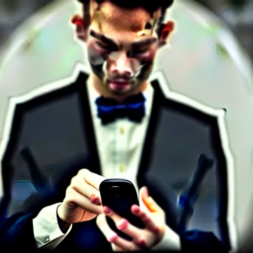 Image similar to man in a black suit, holding a very advance phone, photorealistic, realistic, dramatic, cinematic, cinematic, photography