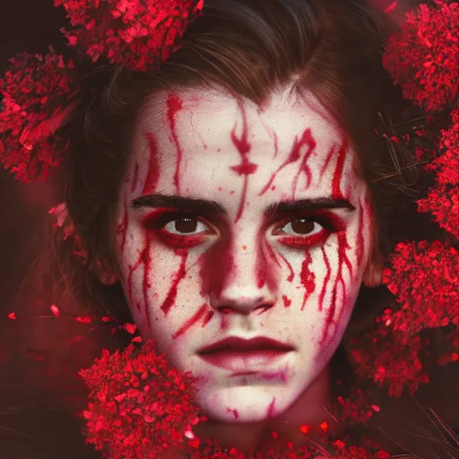 Image similar to 3 5 mm coloured film portrait of emma watson as aghori sadhu covered in ash creature, hyperrealism, celestial red flowers vibe, photorealistic, detailed, atmospheric, 8 k, award winning photography, cinematic