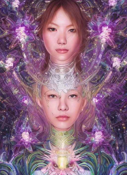 Image similar to portrait of Lalisa Manobal as a Celestial Goddess of a futuristic pearlescent holographic, inside future fighter, sci-fi, fantasy, intricate, lush garden spaceship with sakura season flowers in Kyoto Japan, elegant, human anatomy, royal green and nature light, highly detailed, digital painting, artstation, concept art, smooth, sharp focus, illustration, art by tian zi and WLOP and alphonse mucha, masterpiece, 3d blender