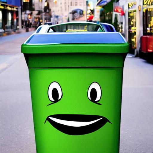 Prompt: smiling cartoon trashcan is a person