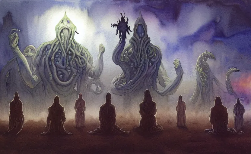 Prompt: a hyperrealist watercolour character concept art portrait of a group of pagan men kneeling down in prayer to a tall elegant lovecraftian alien on a misty night on the moors of ireland. a battlecruiser starship is in the background. by rebecca guay, michael kaluta, charles vess and jean moebius giraud