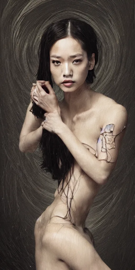 Image similar to Kiko Mizuhara, physically accurate, dramatic dynamic lighting, intricate, elegant, highly detailed, digital painting, artstation, very hyperrealistic, HR GIGER, Hieronymus Bosch, Francis Bacon, Tomas Sanchez, Renaissance, concept art, smooth, sharp focus, illustration, art by artgerm and greg rutkowski and alphonse mucha