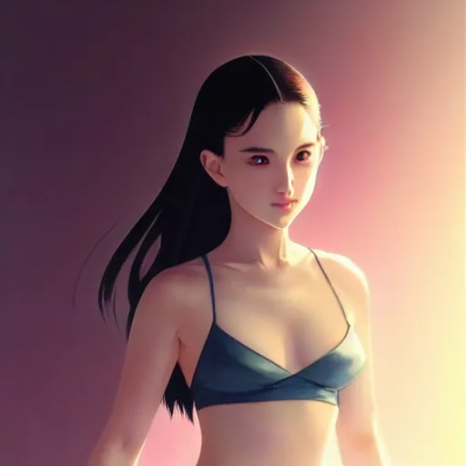 Image similar to a beautiful young japanese natalie portman alluring gravure model in crop top, large chest, by ilya kuvshinov and artgerm, aesthetic, gorgeous, alluring, attractive, gapmoe yandere grimdark, trending on pixiv fanbox, painted by greg rutkowski makoto shinkai takashi takeuchi studio ghibli, akihiko yoshida