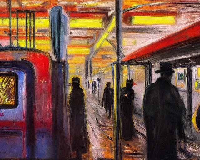 Prompt: urban nyc subway decay newspaper style, impressionism painting with oil sticks on old cardboard box, cinematic color palette, UV, 4K, painted by Edvard Munch