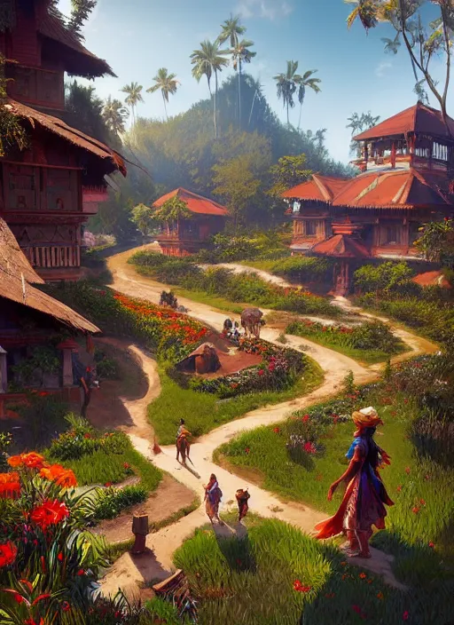 Image similar to a low poly isometric render of a kerala village, floral! intricate, elegant, highly detailed, digital painting, artstation, concept art, smooth, sharp focus, illustration, art by artgerm and greg rutkowski and alphonse mucha, horizon zero dawn 8 k