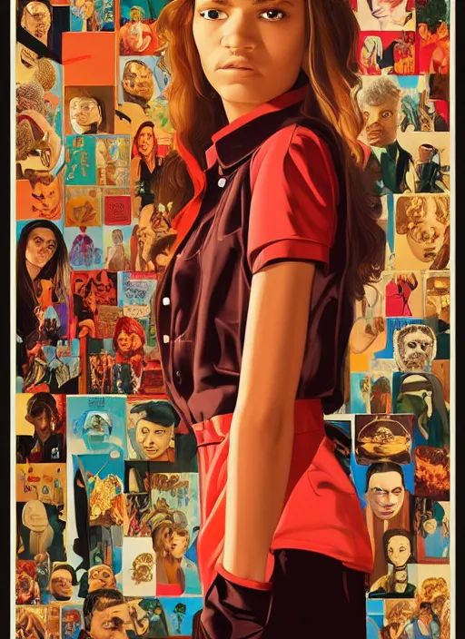 Image similar to poster artwork by michael whelan and tomer hanuka, karol bak, portrait of a high school student zendaya!!!!! wearing rr diner uniform working at the local diner, confectioner in a pastry shop, full length shot, shining, from scene from twin peaks, clean