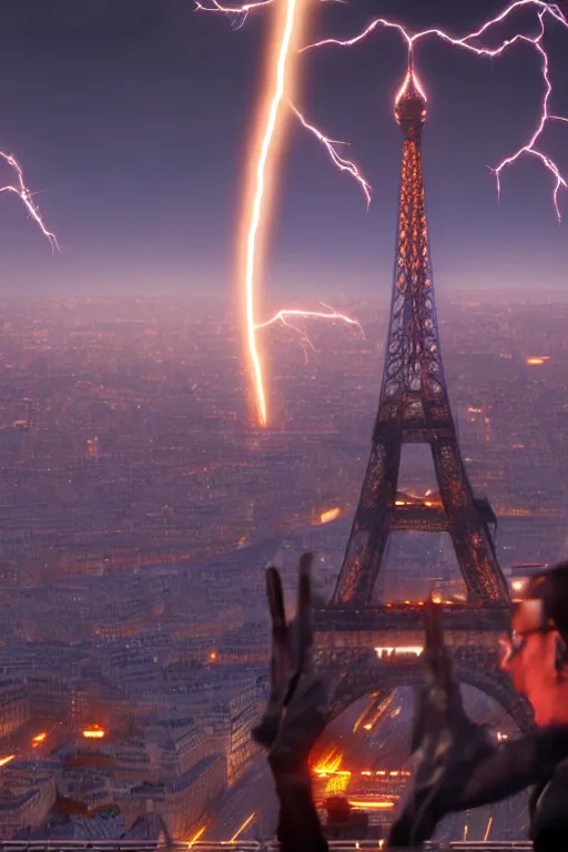 Image similar to in the foreground Paris, in the background a dark-haired man from behind playing with lightning coming out of his hands wearing a long matrix-style jacket, realistic, high definition, many details, dramatic scene, symmetrical face, realistic eyes, cyberpunk art 2077