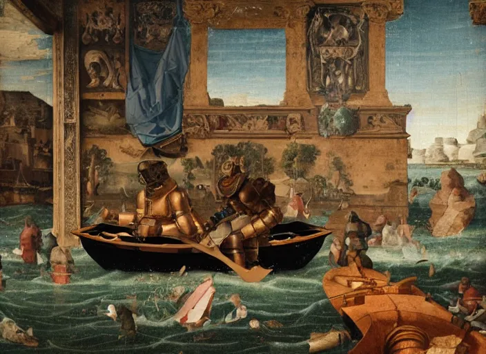 Image similar to a portrait of a robot sitting in a small boat in a renaissance room flooded with water,