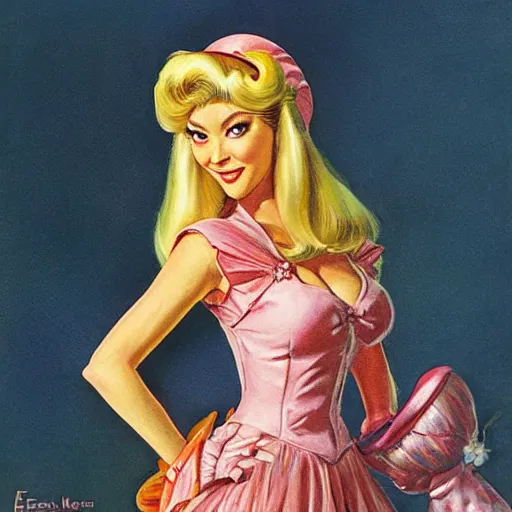 Image similar to Princess Peach, artwork by Earl Norem,