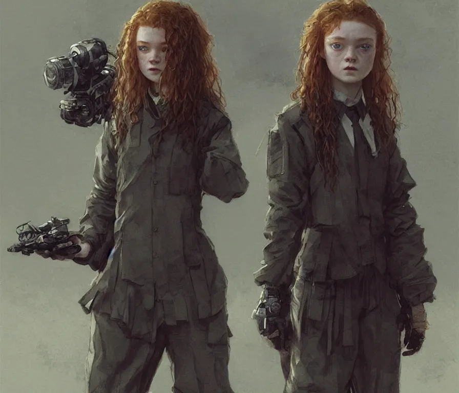 Prompt: sadie sink dressed in oversized school uniform : costume concept for a scifi cyberpunk film. by greg rutkowski, greg staples, gustave courbet, rosa bonheur. sharp focus, cinematic atmosphere, detailed and intricate, perfect anatomy