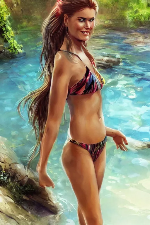 Image similar to mix of beautiful young maria shriver, mariel hemmingway, brooke shields, nicole kidman and elle macpherson as a young jungle girl swimming in a rockpool, thin lips, hair tied up in a pony tail, dark blonde hair, colorful, artstation, cgsociety