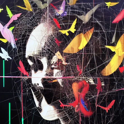 Image similar to a daydreaming hacker is surrounded by birds, neon virtual networks, and information visualization, oil on canvas by dave mckean and yoji shinkawa