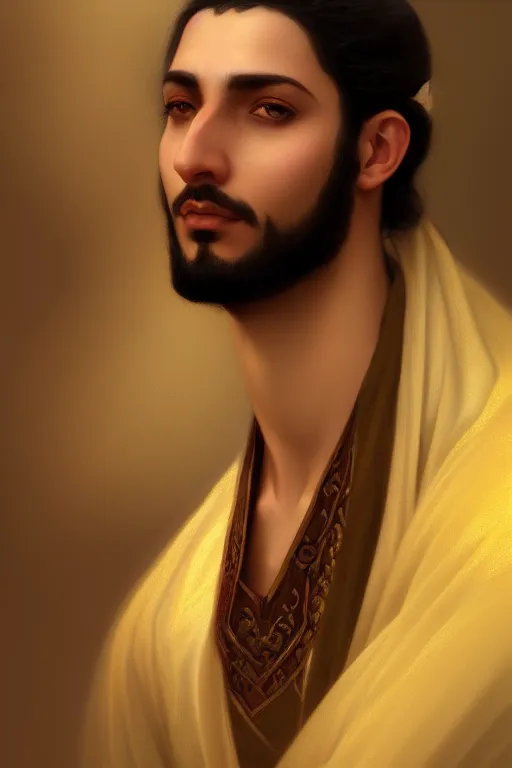 Image similar to a portrait of a arabian male prince, illustration, soft lighting, soft details, painting oil on canvas by Edmund Blair Leighton and Charlie Bowater octane render trending on artstation d&d characters, 4k, 8k, HD