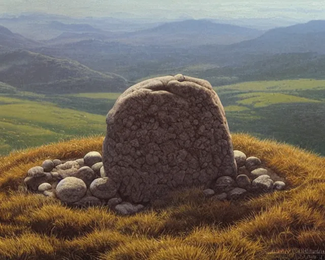 Prompt: a high hill landscape with a circle of large stones in the shape of a finger on the top, by ted nasmith