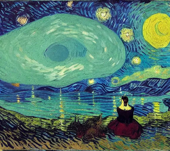 Image similar to Victorian woman singing quietly by a sacred lake at night, bright fire flies, big moon, stars, painted by Vincent van Gogh, Jacques-Louis David detailed