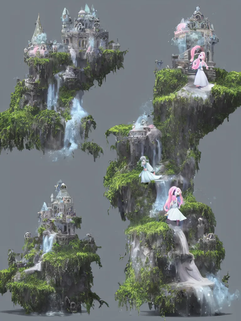 Image similar to cute fumo plush of a princess girl in a tower on a tiny island which she lays sole claim to, selfish empress of the abyss, tempestuous waters and thunderclouds, waterfall, wisps of volumetric smoke and fog, gothic wraith maiden in tattered white dress, floating island, vignette, vray