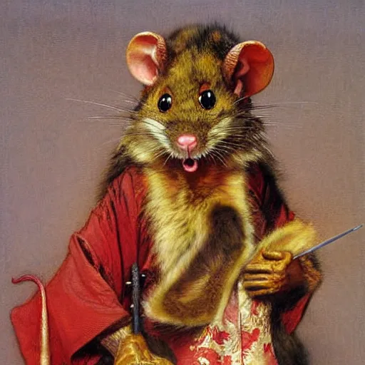 Image similar to a portrait of a furry splinter the rat wearing a red kimono, hairy, furry body, furry arms, feet, tail. highly detailed painting by gaston bussiere, craig mullins, j. c. leyendecker, furry