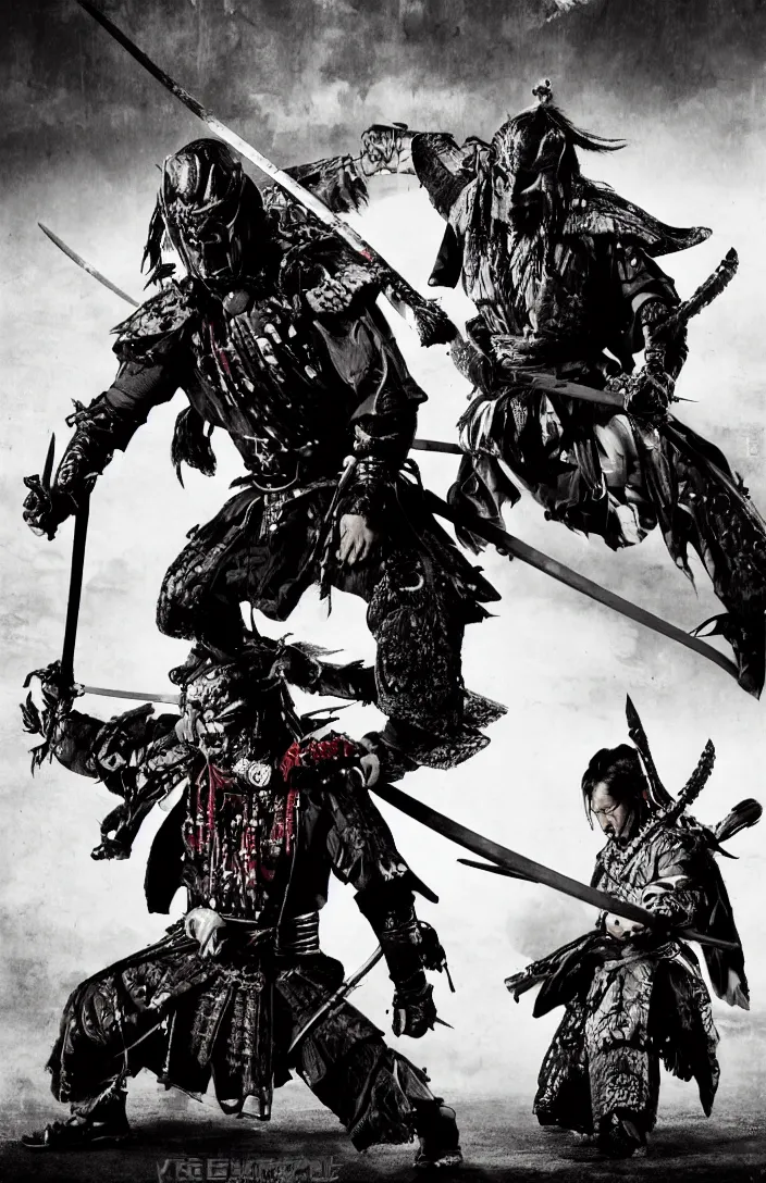 Image similar to movie film poster art for samurai vs predator film shot in feudal japan staring hiroyuki sanada as a disgraced ronin who hunts down the predator after he fails to protect his master from it. in the style of ansel adams, reynold brown, h. r. geiger.