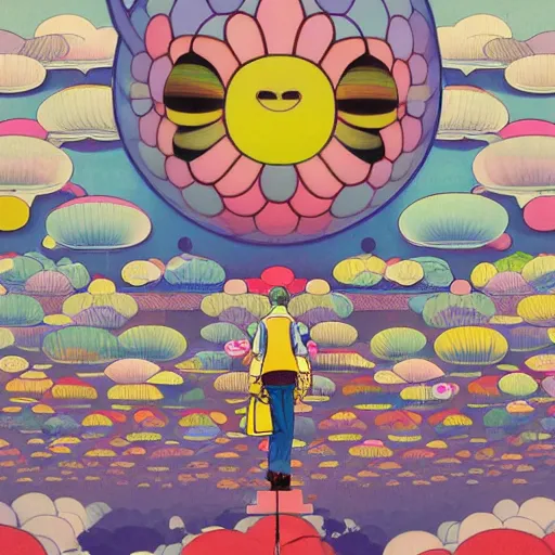 Image similar to a man walking on clouds away from the camera above kyoto by takashi murakami, beeple and james jean, aya takano color style, 4 k, super detailed, modern, 4 k, symmetrical