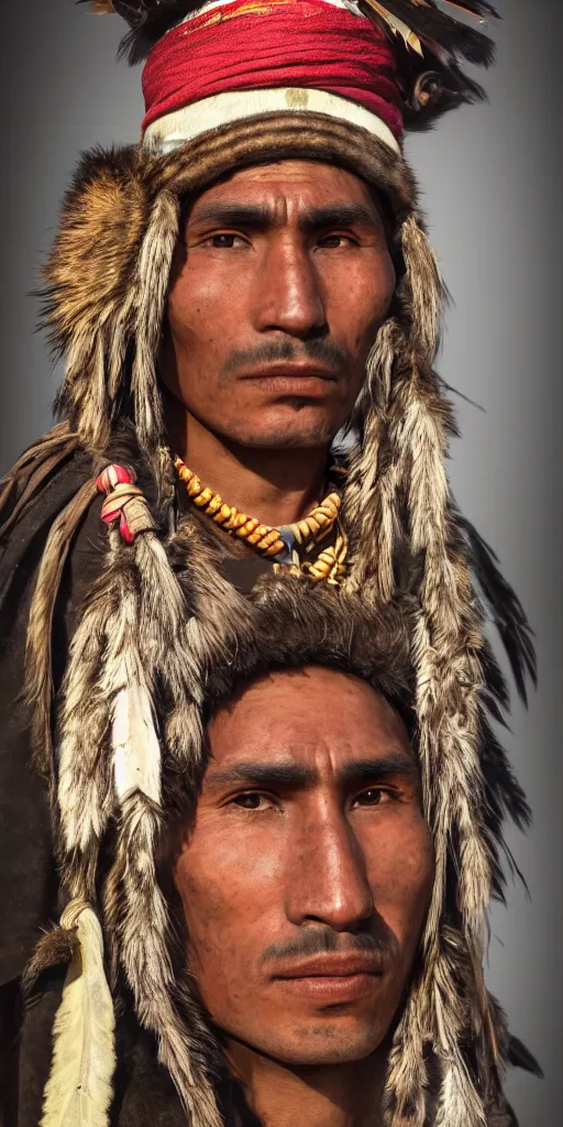 Image similar to portrait of indigenous peruvian man. tupac amaru ii in 1 7 8 1. unreal 5, hyper realistic, realistic, photo realistic, dynamic lighting, highly detailed, cinematic landscape, studio landscape, studio lighting