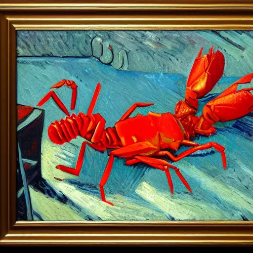 Image similar to red robotic crayfish cut the gold medal's ribbon from human neck by hand, 4 k, oil painting, van gogh