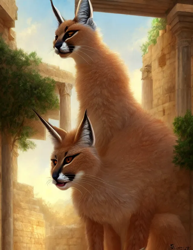 Image similar to cute fluffy caracal in a ancient greek city | | cute, key visual, realistic shaded perfect face, fine details by stanley artgerm lau, wlop, rossdraws, james jean, andrei riabovitchev, marc simonetti, and sakimichan, trending on artstation