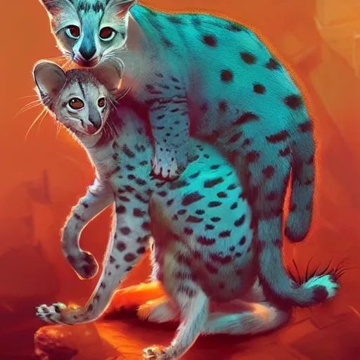 Image similar to serval cat being hugged by a koala, digital illustration portrait design, by android jones and greg rutkowski, retrowave color scheme, detailed, cinematic lighting, wide angle action dynamic portrait