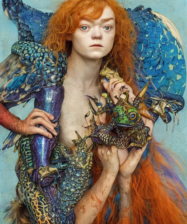 Image similar to a portrait photograph of a meditating fierce sadie sink as a colorful harpy hawk super hero with blue spotted slimy skin with scales. her body is transforming into a amphibian beast. by donato giancola, hans holbein, walton ford, gaston bussiere, peter mohrbacher and brian froud. 8 k, cgsociety, fashion editorial