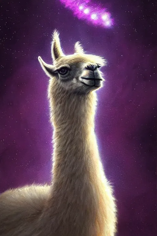 Image similar to beautiful oil painting with high detail of a llama made of stars and plasma, hybrid from dungeons and dragons and art direction by James Cameron ;by artgerm; wayne reynolds art station; cinematic quality character render; low angle; ultra high quality model; production quality cinema model, daily deviation, masterpiece anthro art, llama