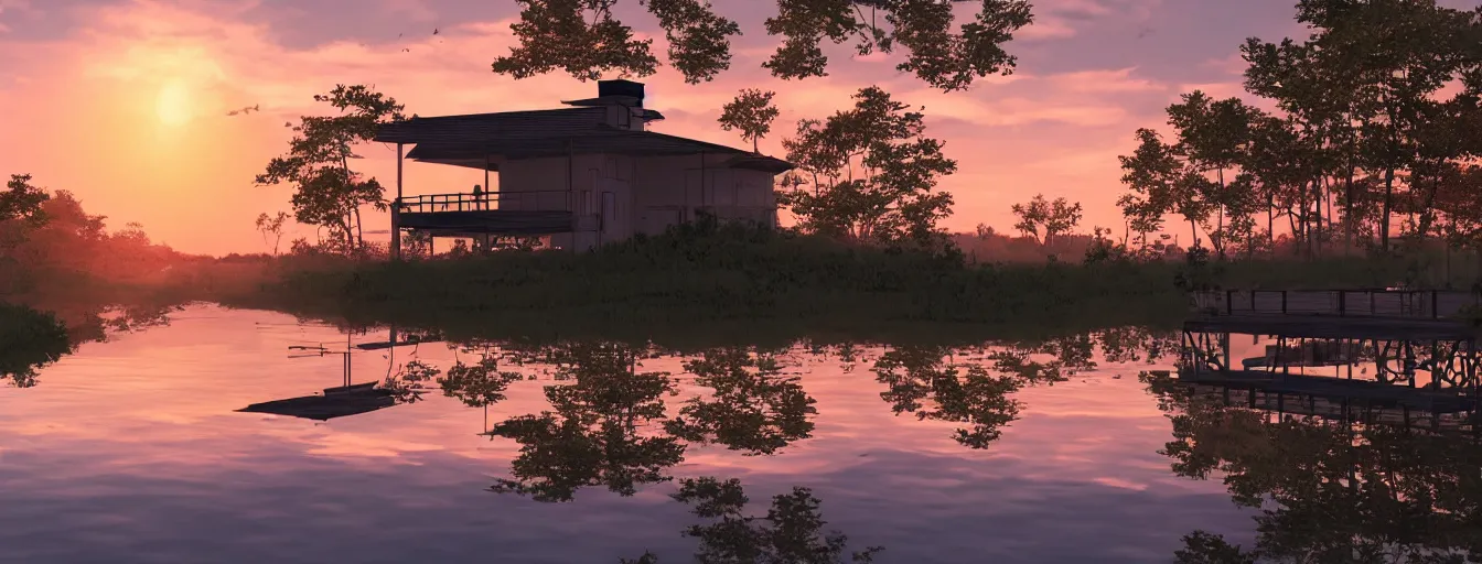 Prompt: a serene landscape with a singular building near a lake at sunset in anime style, 8k, low saturation, high quality, high detail