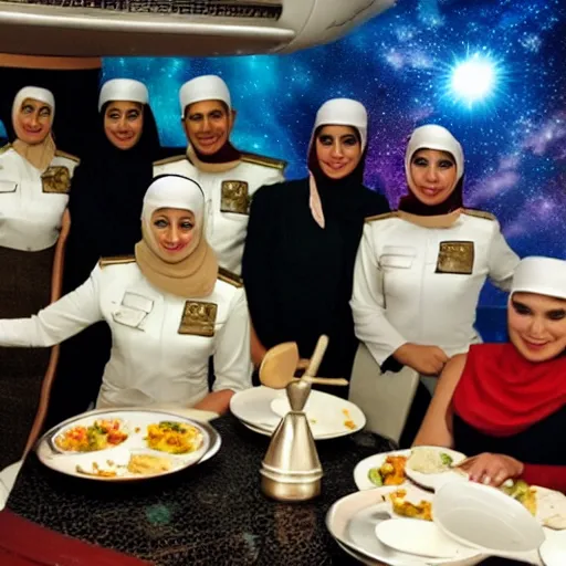 Prompt: starship enterprise arabic cabin crew with lebanese food and music