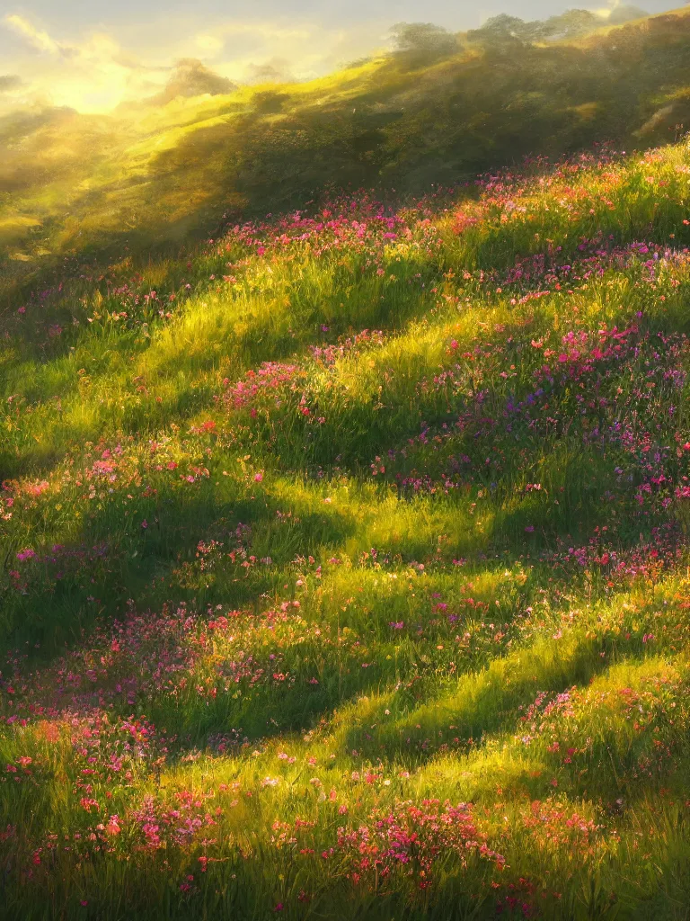 Image similar to wildflowers on the hillside by disney concept artists, blunt borders, rule of thirds, golden ratio, godly light