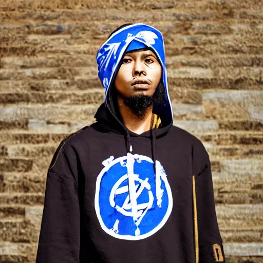 Image similar to crips gang member with batik bandana and parang rusak logo in their hood - realistic - photorealistic - hd - trending hood photos of the year - ilustrator - detailed - real clear