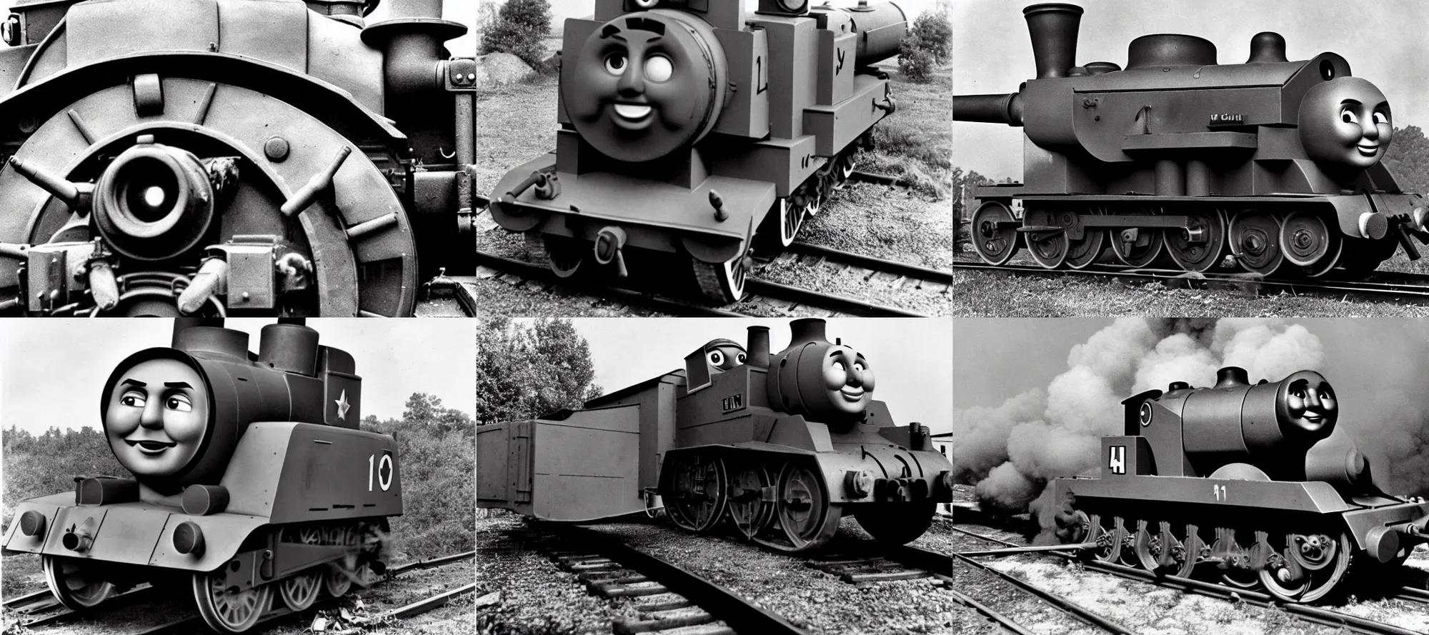 Prompt: WW2 era photograph, the face of Thomas the tank engine on a 800mm German super-heavy-mortar with a huge gun barrel shooting