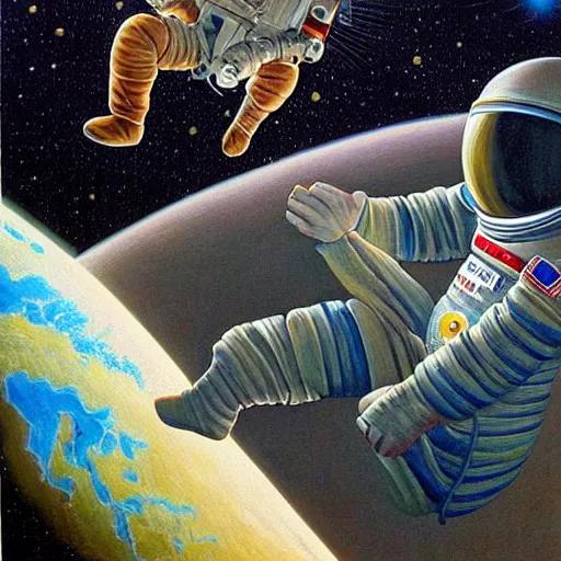 Image similar to beautiful detailed painting of a capybara astronaut in a spacesuit floating above earth by casey weldon by mark ryden by thomas blackshear