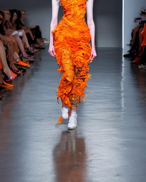 Image similar to multi panel storyboard of olivia wearing an outfit made of orange peels, runway model at new york fashion week, sporty physique, black hair, freckles, pale skin, multiple angles, photo by greg rutkowski, stage lighting, soft colors, female beauty, intricate detail, elegance, 3 5 mm, depth of field, masterpiece