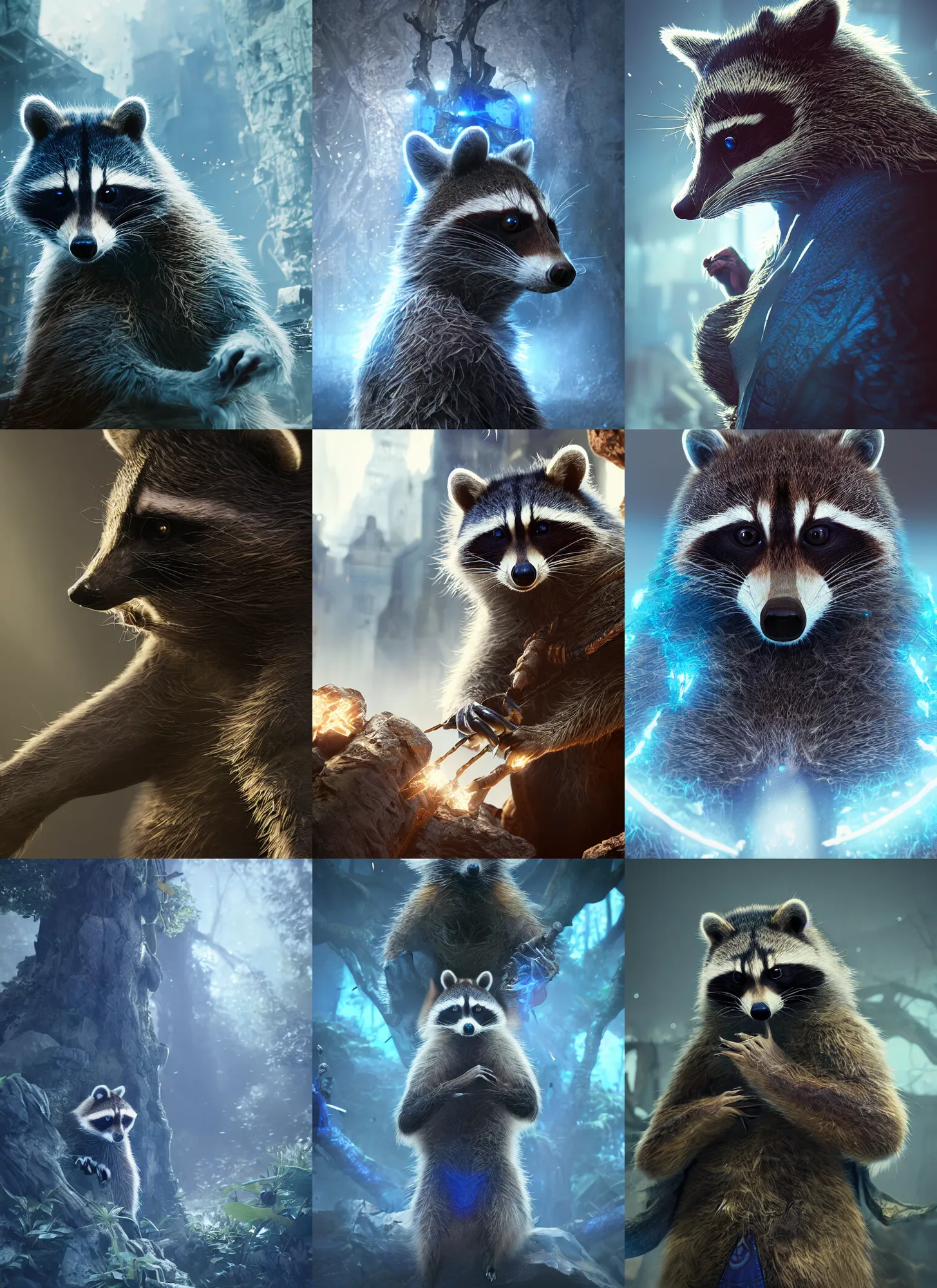Prompt: racoon in wizard robes, blue, intricate detail, volumetric lighting, epic composition, hyper detailed, ultra realistic, sharp focus, octane render, volumetric, ray tracing, artstation trending, cgsociety, sense of awe, 4 k