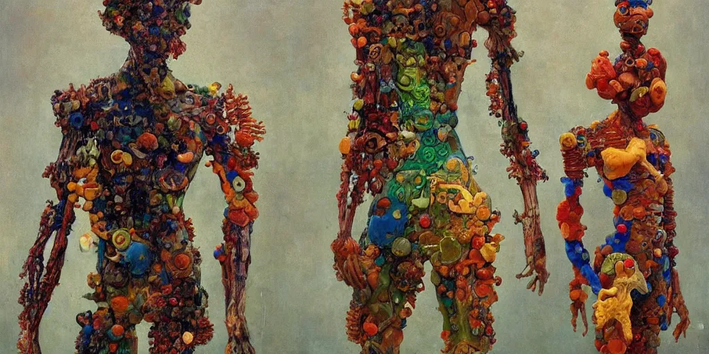 Image similar to a full body sculpture made of bacteria and virus and molecules and atoms, painting part by wojciech siudmak, part by ilya repin, part by max ernst, part by norman rockwell, artstation