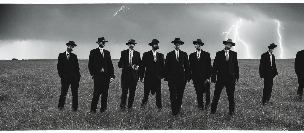 Image similar to 1 3 mm film photograph of a group of tall suited men in a field, liminal, dark, thunderstorm lightning, dark, flash on, blurry, grainy, unsettling