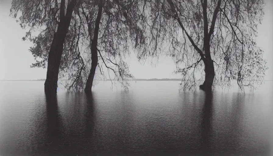 Image similar to photograph of an infinitely long rope on the surface of the water, the rope is zig zagging from the foreground towards the center of the lake, a dark lake on a cloudy day, trees in the background, moody scene, anamorphic lens, kodak color film stock