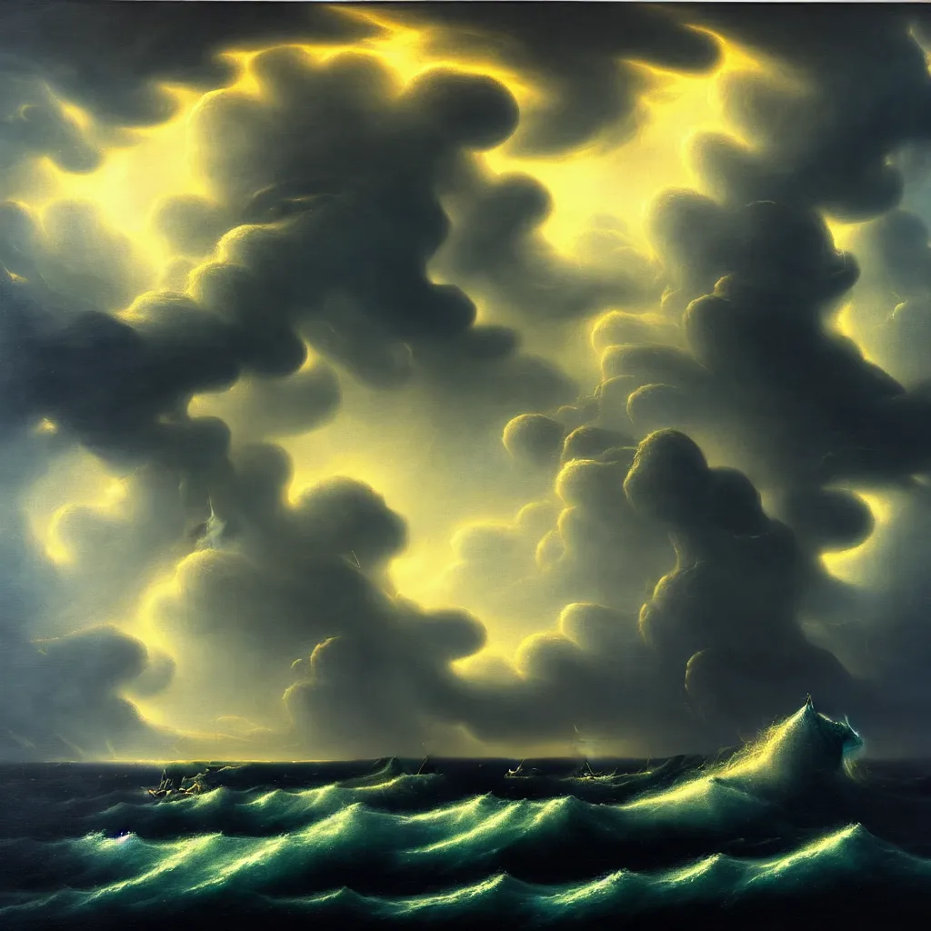 Prompt: a fantasy seascape. subject : giant dark kraken in a stormy sea with a small boat, giant waves, lightning in the background, oil painting, 4 k