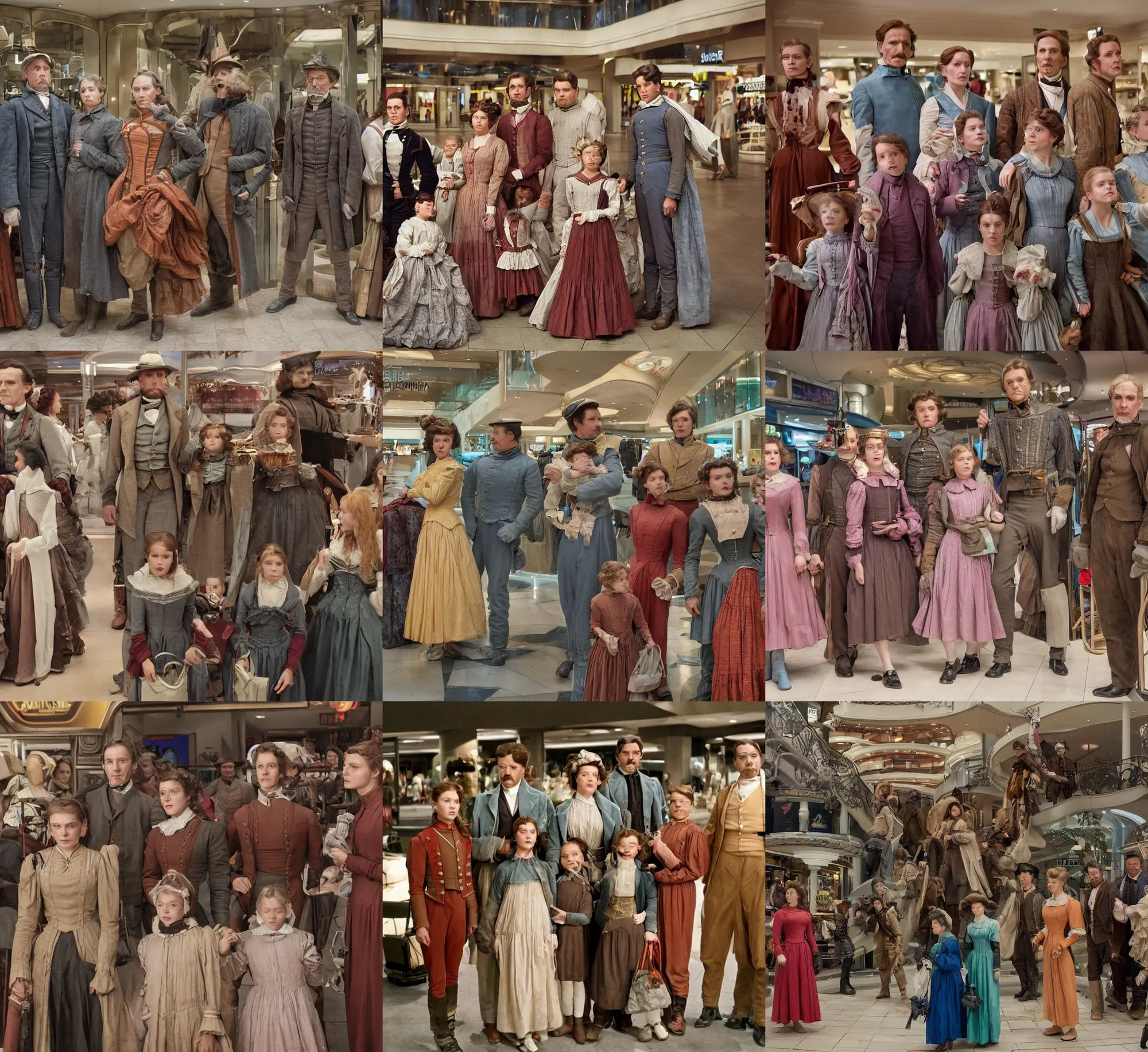 Prompt: sharp, highly detailed, high quality frame scan from a sci fi blockbuster color movie made in 2019, a family of four time travelers from 1860 travel in time to 2019, appearing in a shopping mall, looking surprised, the family are all wearing 1860s era clothes, good lighting, in focus, cinematic still, high quality scan, in focus, 35mm macro lens, detailed eyes, realistic faces and details, oscar winner, award winning lighting, award winning photography, ultra high definition