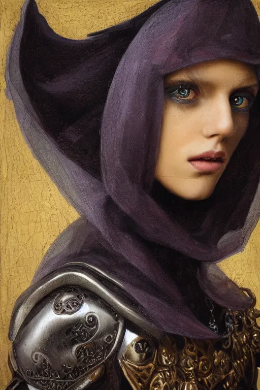 Image similar to hyperrealism oil painting, close - up portrait of european medieval brunette vampire fashion model, knight, steel gradient mixed with nebula sky, in style of baroque