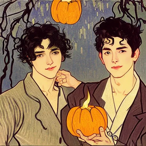 Image similar to painting of young cute handsome beautiful dark medium wavy hair man in his 2 0 s named shadow taehyung and cute handsome beautiful min - jun together at the halloween! party, bubbling cauldron!, candles!, smoke, autumn! colors, elegant, wearing suits!, clothes!, delicate facial features, art by alphonse mucha, vincent van gogh, egon schiele