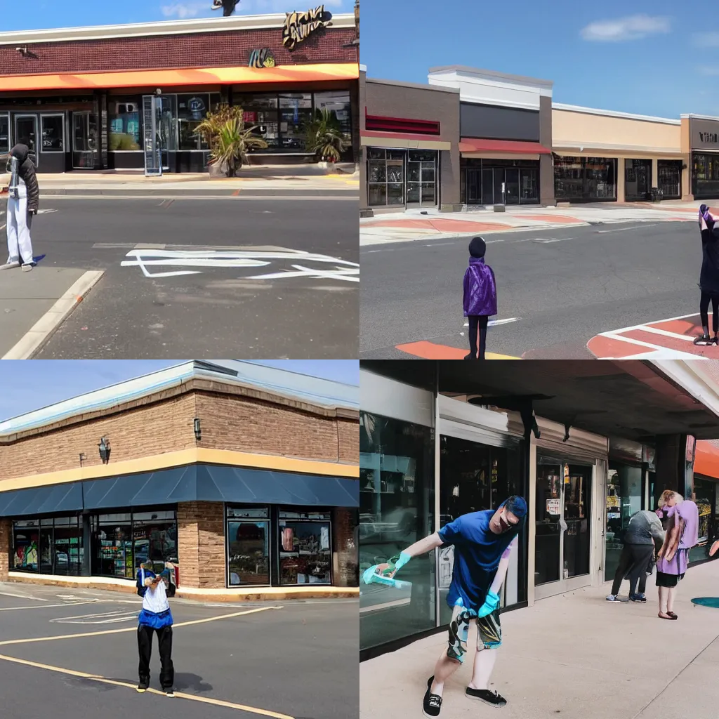 Prompt: someone dabbing in front of a strip mall