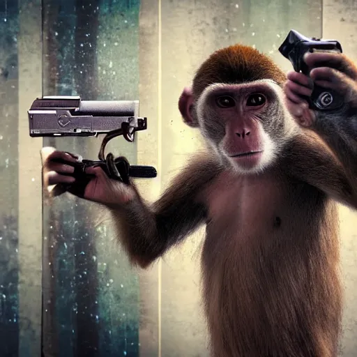 Prompt: a monkey with a revolver in his hands, human man with camera stands behind the monkey, real life photo, 4 k, cyberpunk, highly detailed, sharp focus - h 8 0 0